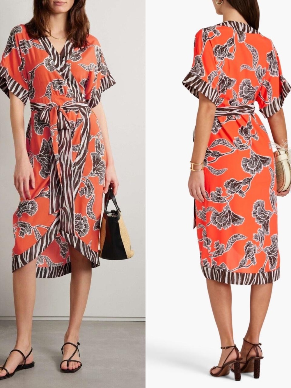 Diane Von Furstenberg Coral Red Floral Wrap Dress with Black Print